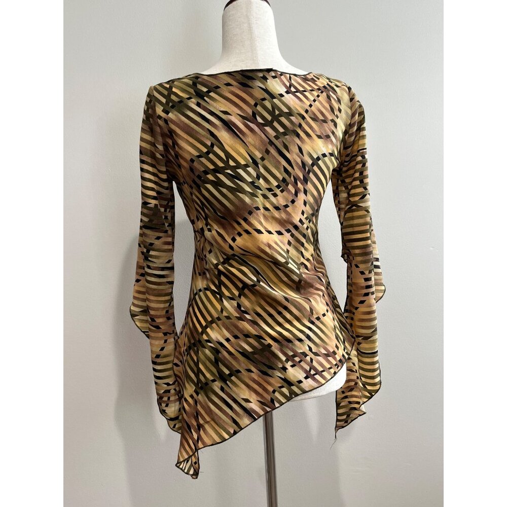 Y2K Zoey Beth Asymmetrical Hem Blouse Womens M Brown Geometric Print - Picture 3 of 7